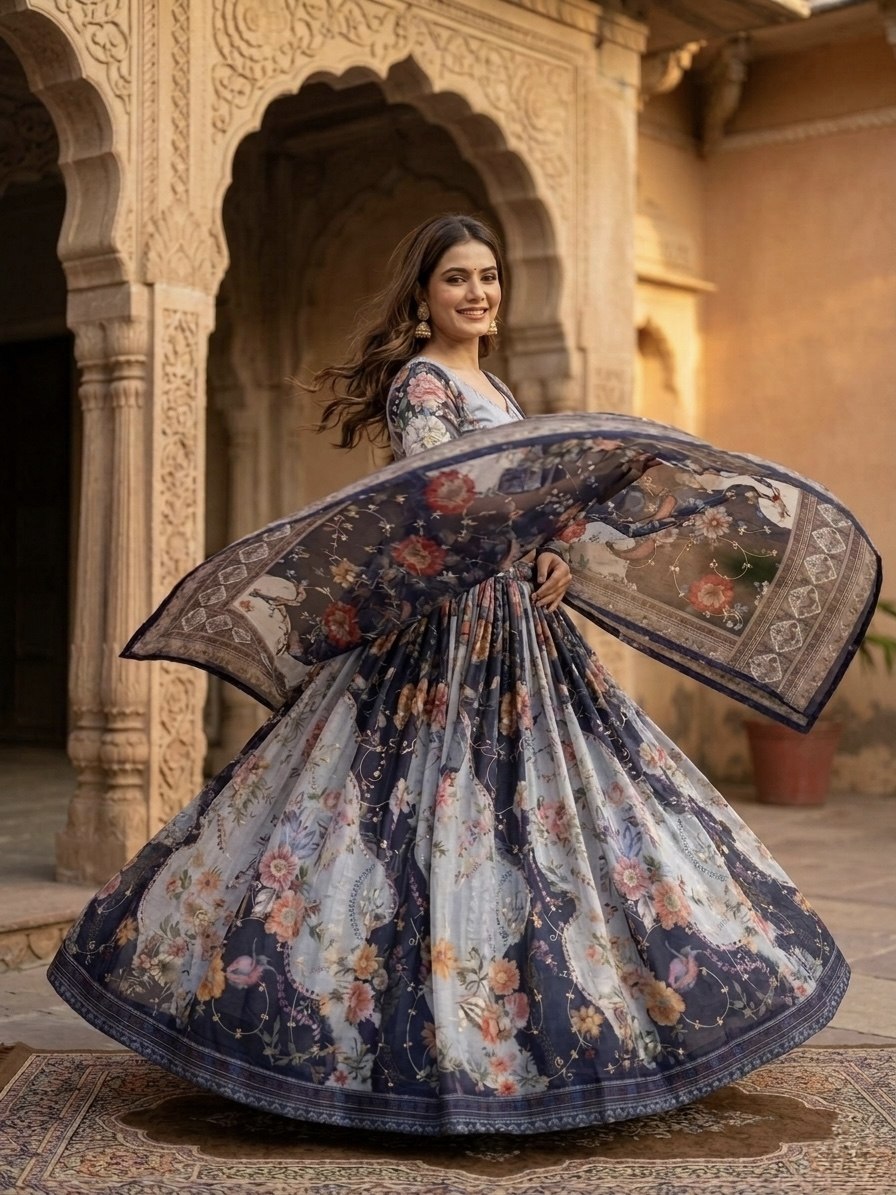 Blue Tabby Silk Printed Lehenga Choli with Dupatta