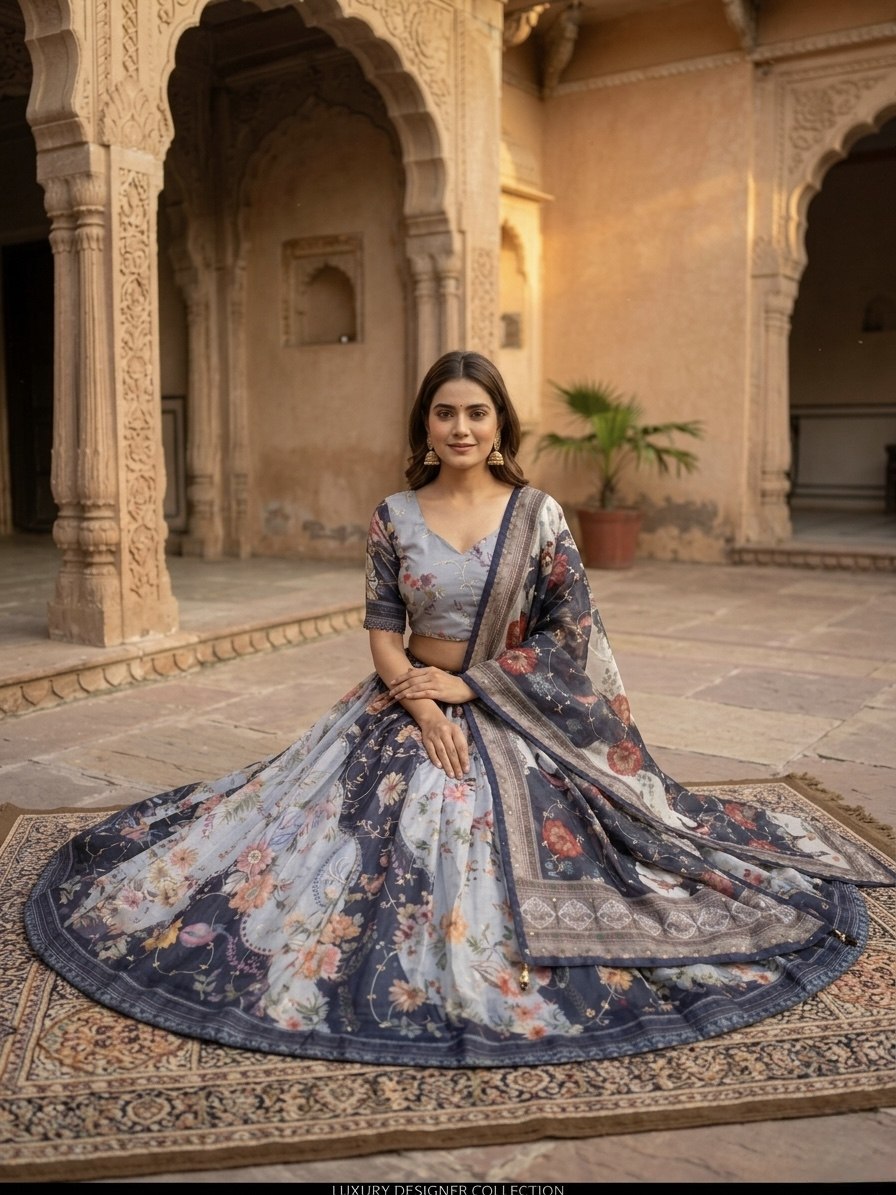 Blue Tabby Silk Printed Lehenga Choli with Dupatta