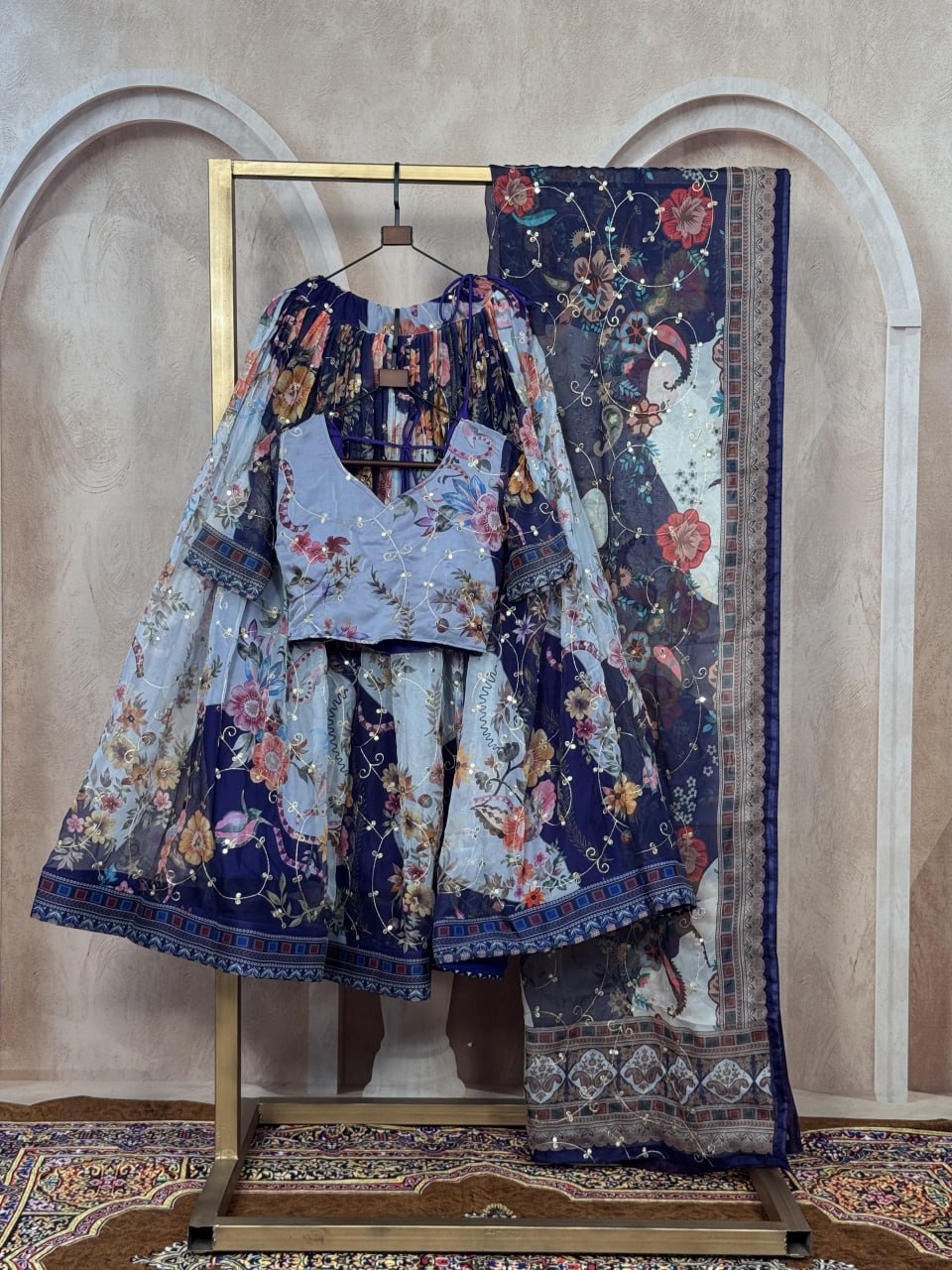Blue Tabby Silk Printed Lehenga Choli with Dupatta