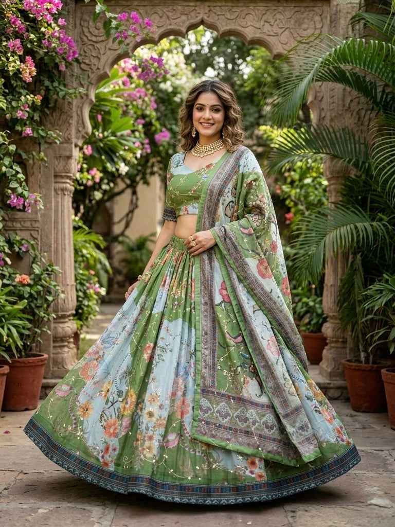 Green Tabby Silk Printed Lehenga Choli with Dupatta