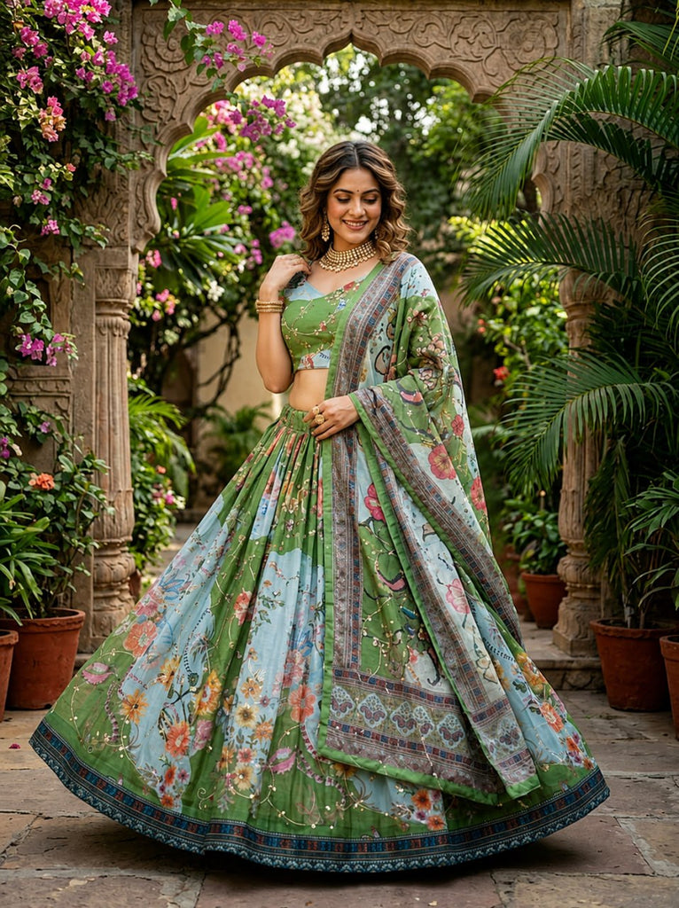Green Tabby Silk Printed Lehenga Choli with Dupatta
