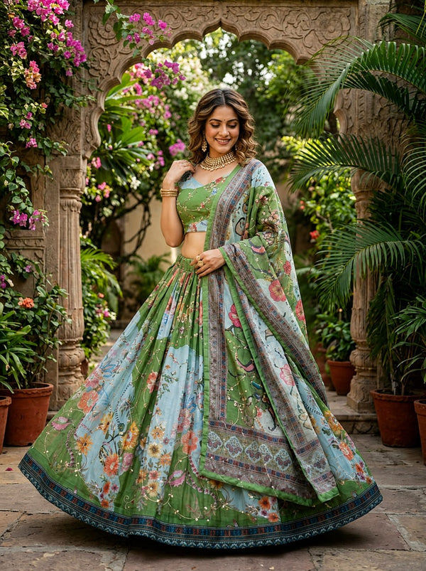 Green Tabby Silk Printed Lehenga Choli with Dupatta