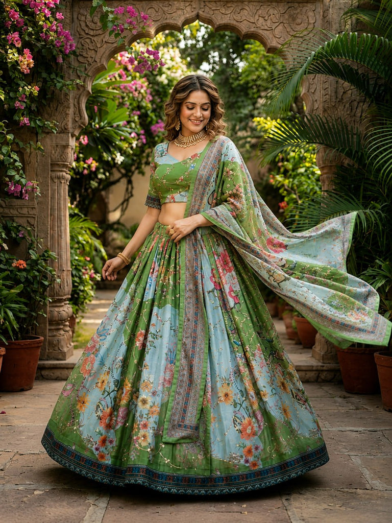 Parrot Green Tabby Silk Printed Lehenga Choli with Dupatta