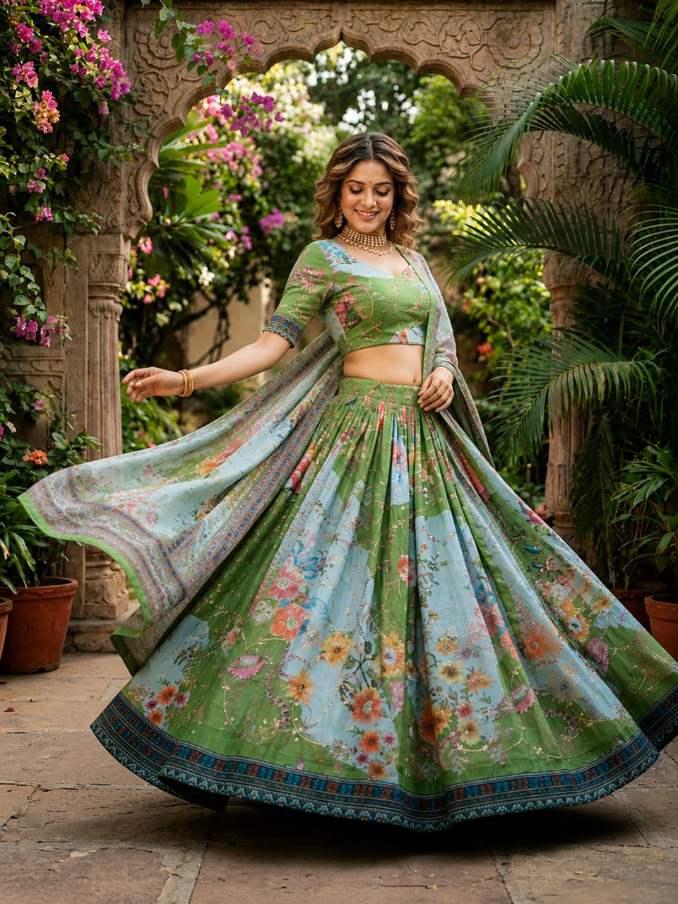 Parrot Green Tabby Silk Printed Lehenga Choli with Dupatta