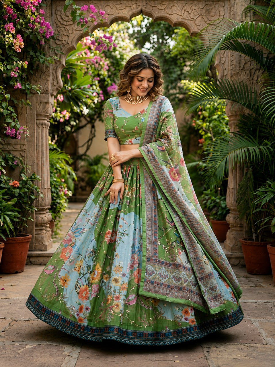 Parrot Green Tabby Silk Printed Lehenga Choli with Dupatta