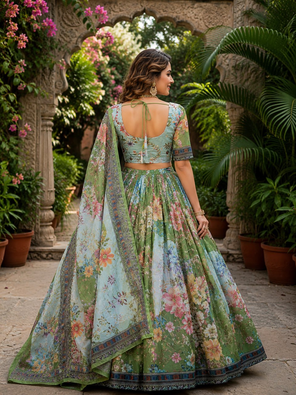 Parrot Green Tabby Silk Printed Lehenga Choli with Dupatta