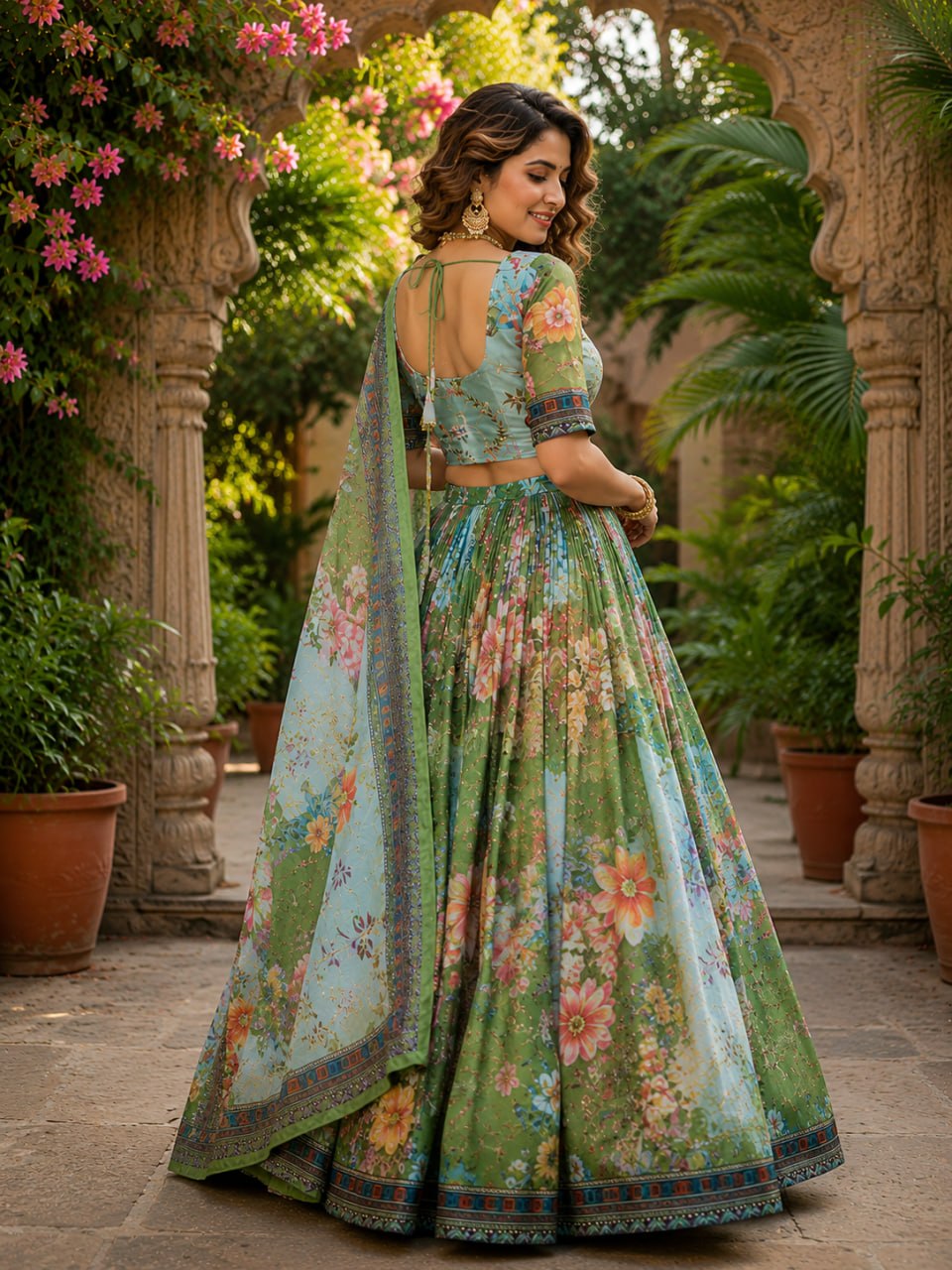 Parrot Green Tabby Silk Printed Lehenga Choli with Dupatta