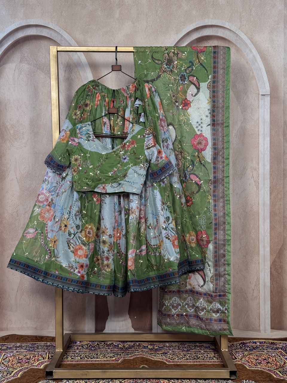 Parrot Green Tabby Silk Printed Lehenga Choli with Dupatta