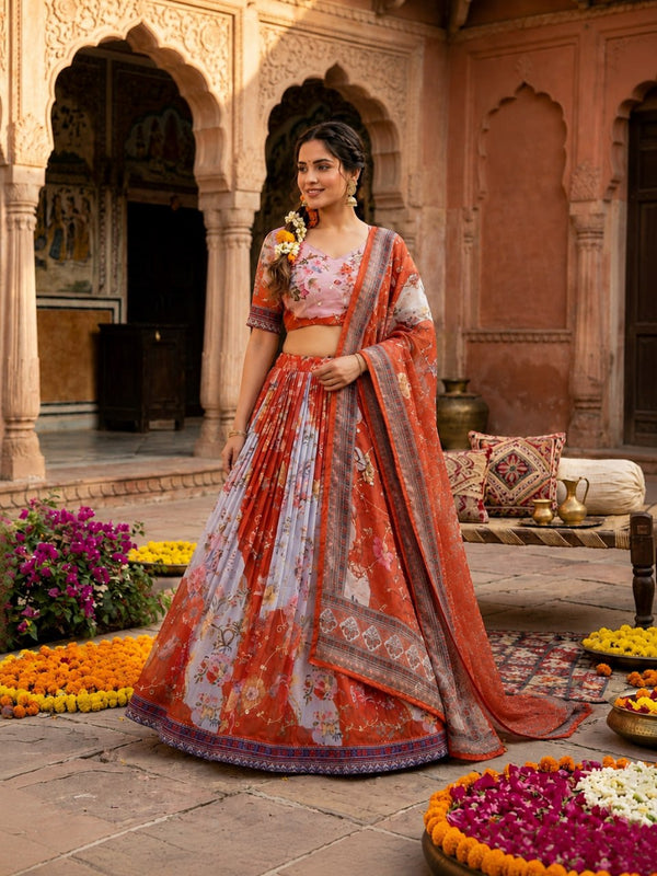 Orange Tabby Silk Printed Lehenga Choli with Dupatta
