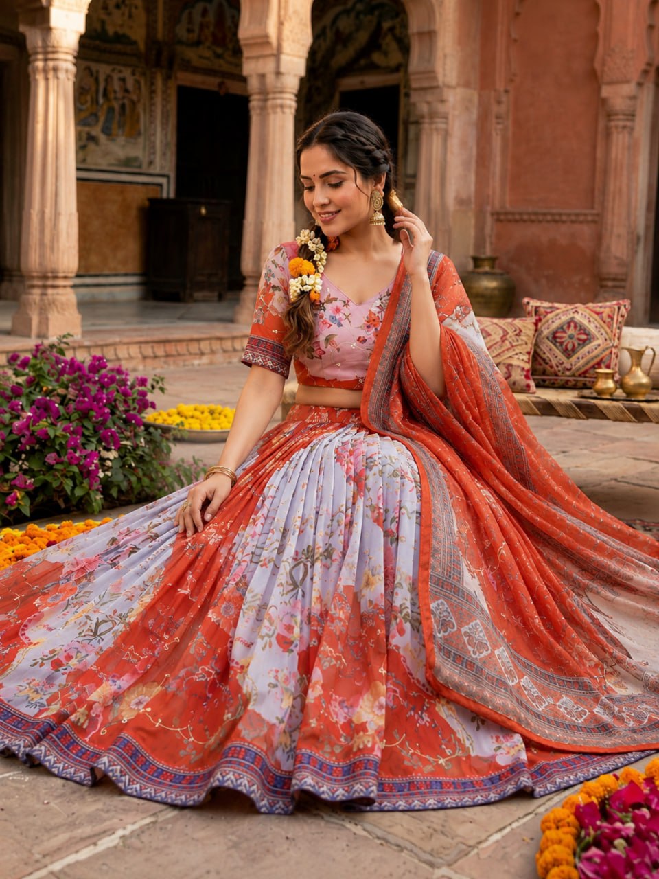 Orange Tabby Silk Printed Lehenga Choli with Dupatta