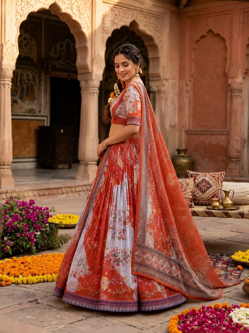 Orange Tabby Silk Printed Lehenga Choli with Dupatta