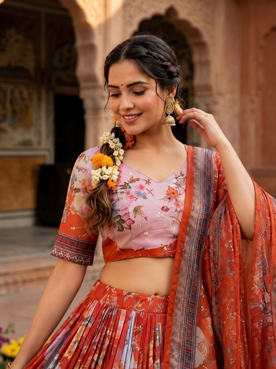 Orange Tabby Silk Printed Lehenga Choli with Dupatta