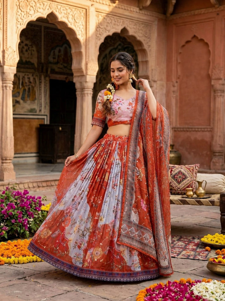 Orange Tabby Silk Printed Lehenga Choli with Dupatta
