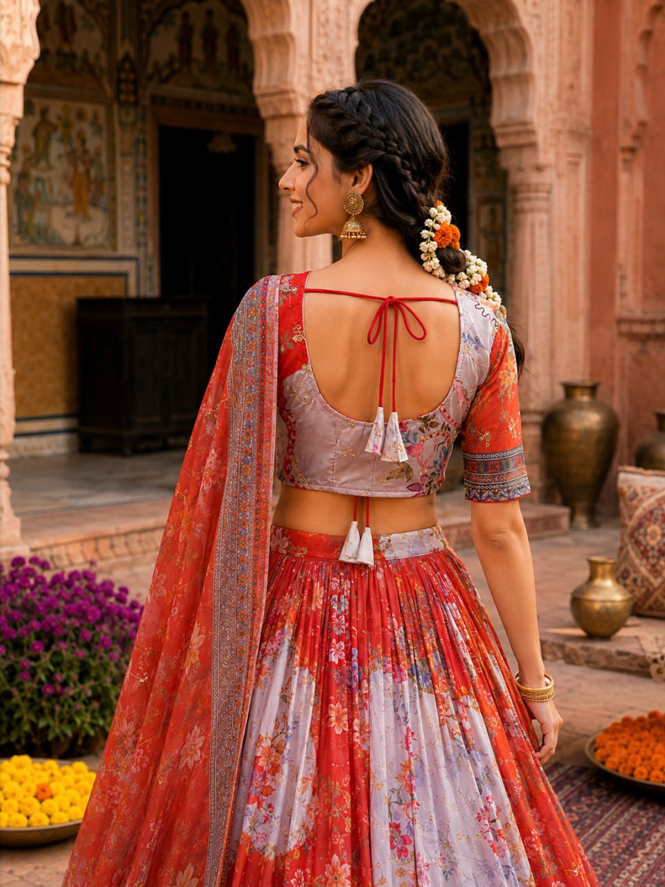 Orange Tabby Silk Printed Lehenga Choli with Dupatta