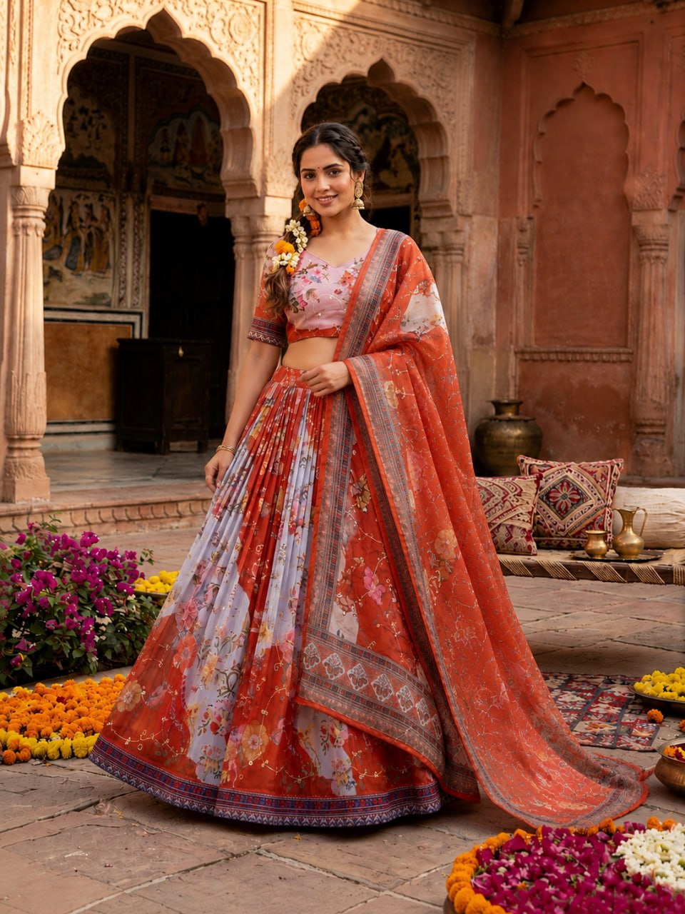 Orange Tabby Silk Printed Lehenga Choli with Dupatta