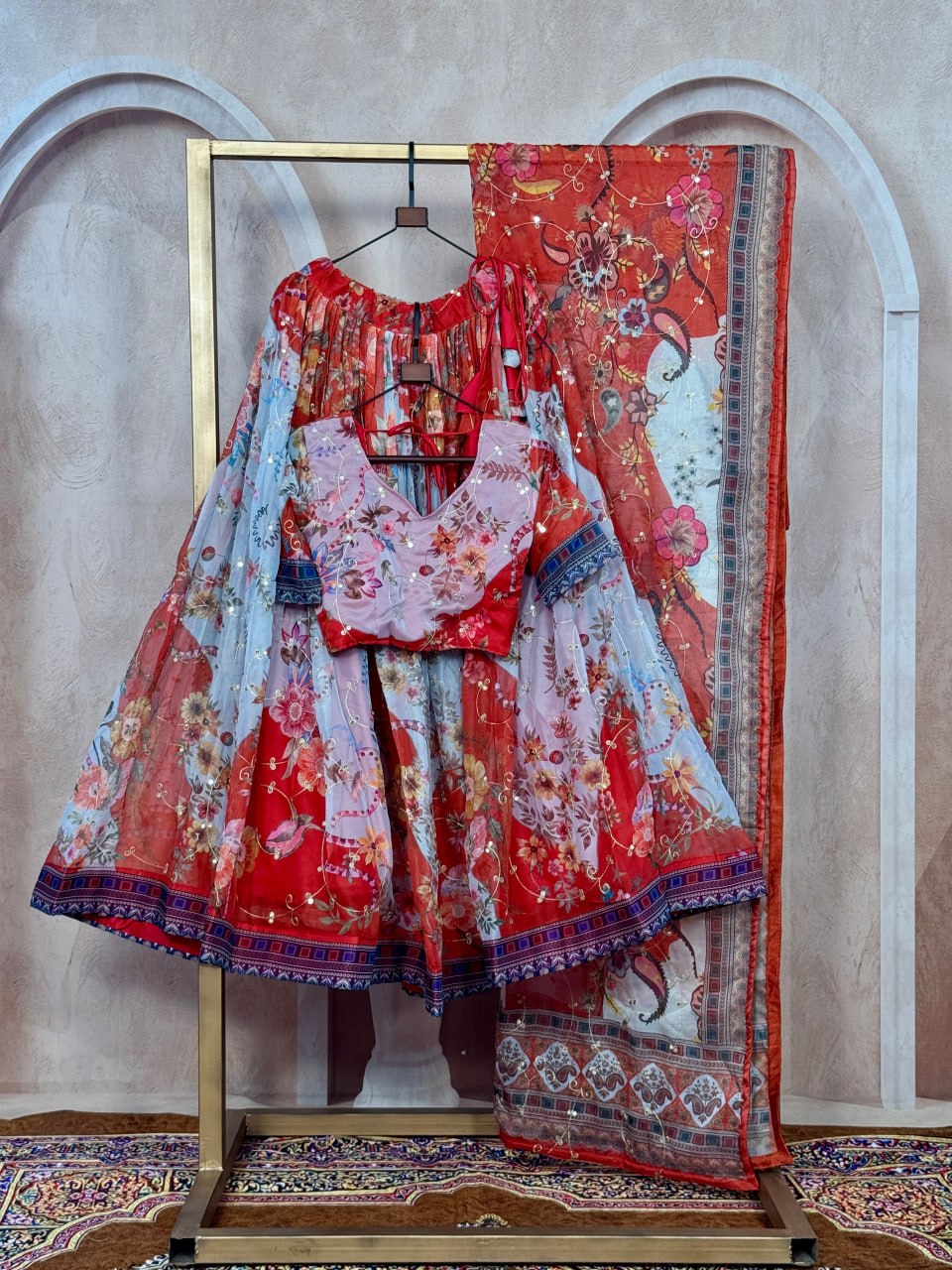 Orange Tabby Silk Printed Lehenga Choli with Dupatta