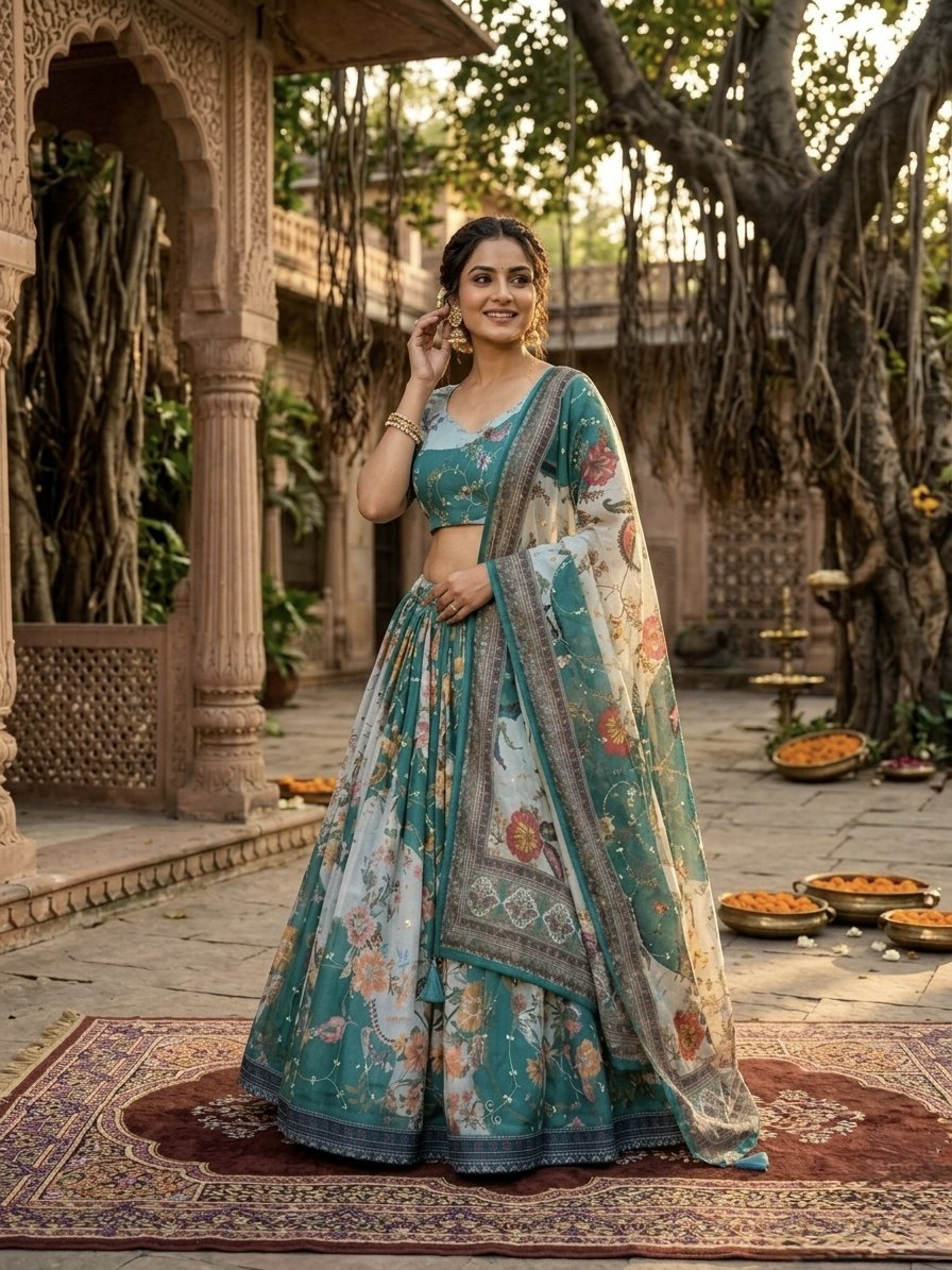 Green Tabby Silk Printed Lehenga Choli with Dupatta