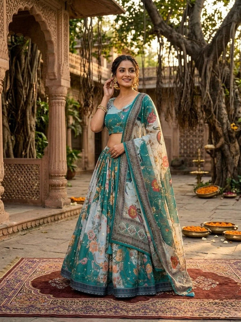 Green Tabby Silk Printed Lehenga Choli with Dupatta