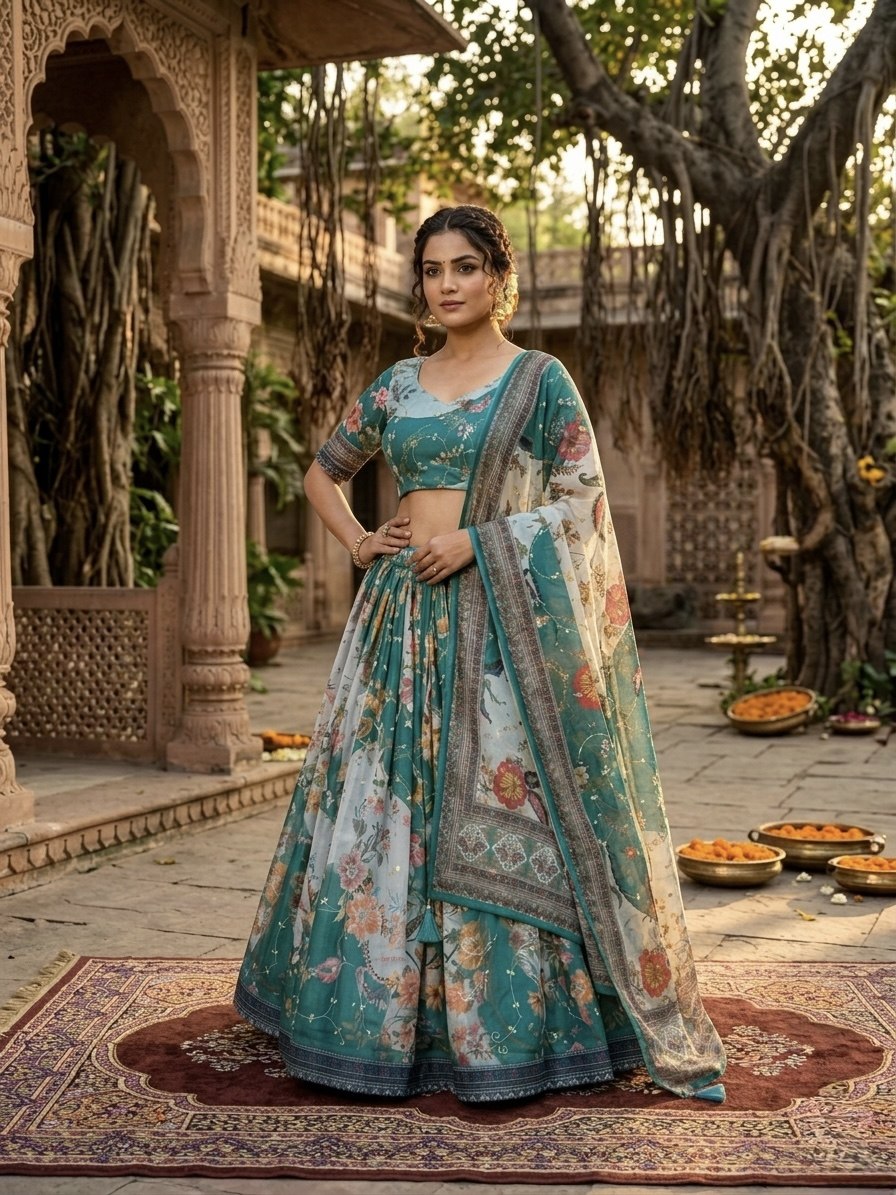 Green Tabby Silk Printed Lehenga Choli with Dupatta