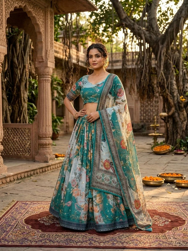 Green Tabby Silk Printed Lehenga Choli with Dupatta