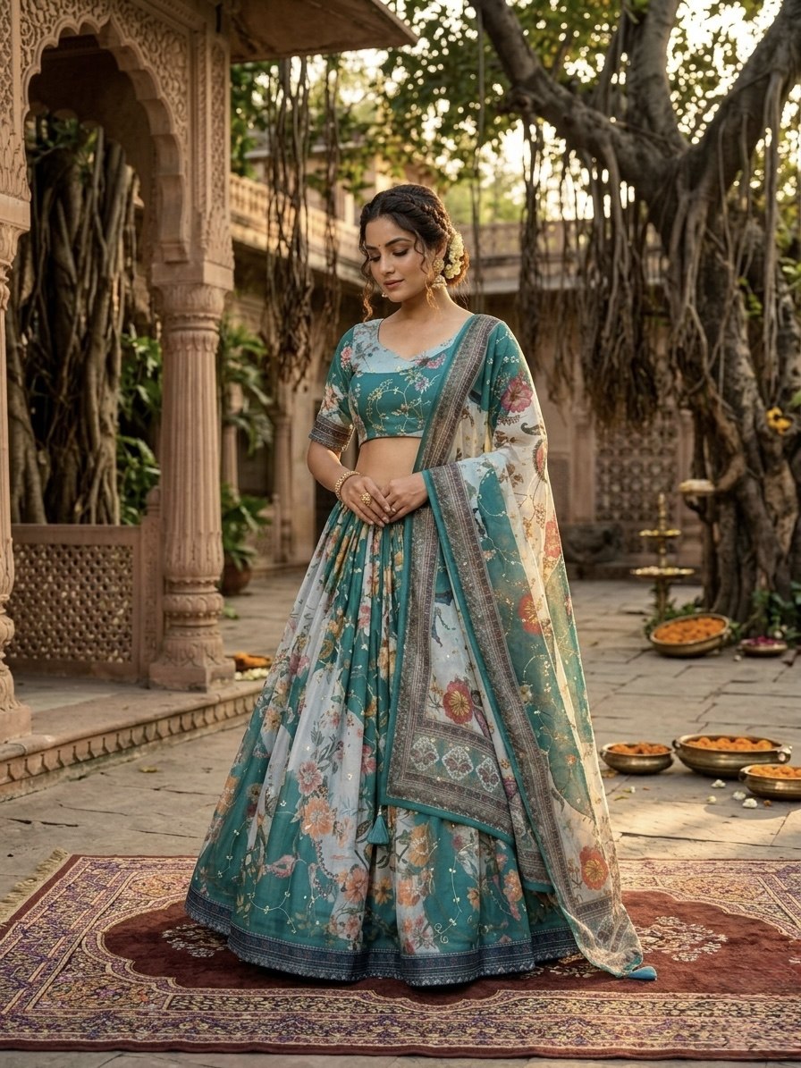 Green Tabby Silk Printed Lehenga Choli with Dupatta