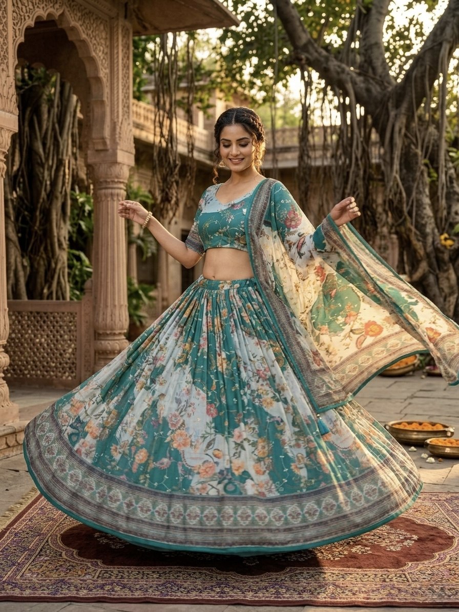 Green Tabby Silk Printed Lehenga Choli with Dupatta