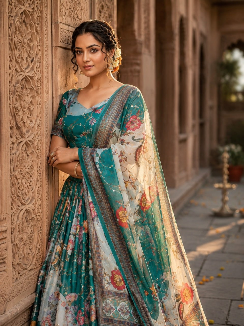Green Tabby Silk Printed Lehenga Choli with Dupatta