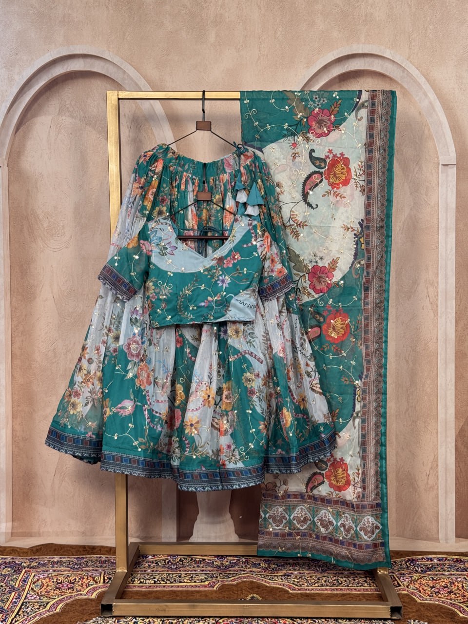 Green Tabby Silk Printed Lehenga Choli with Dupatta