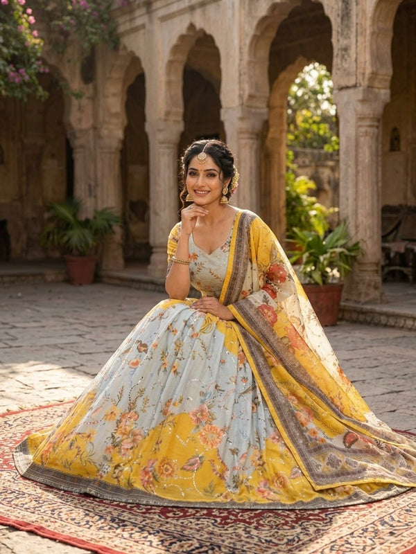 Yellow Tabby Silk Printed Lehenga Choli with Dupatta