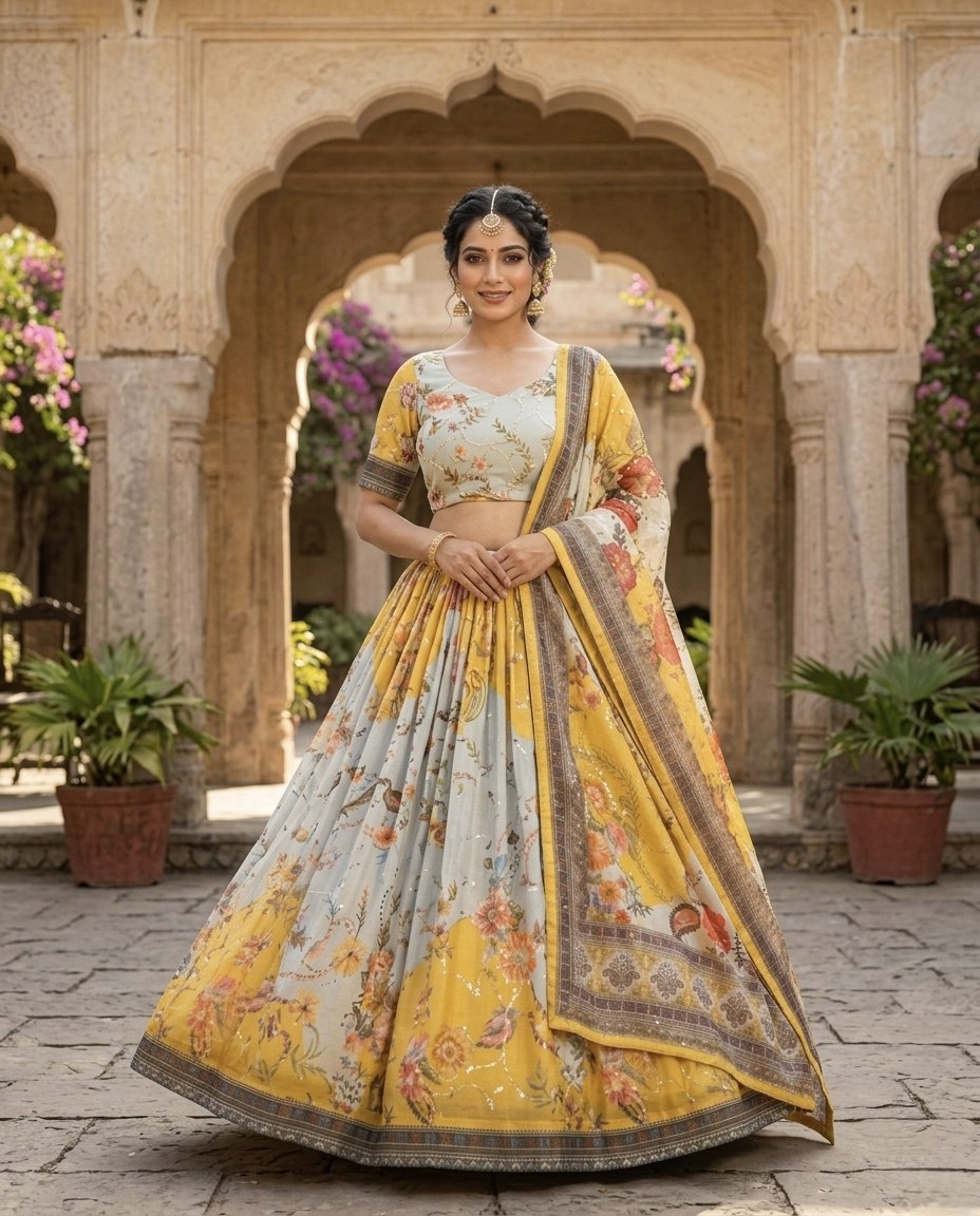 Yellow Tabby Silk Printed Lehenga Choli with Dupatta