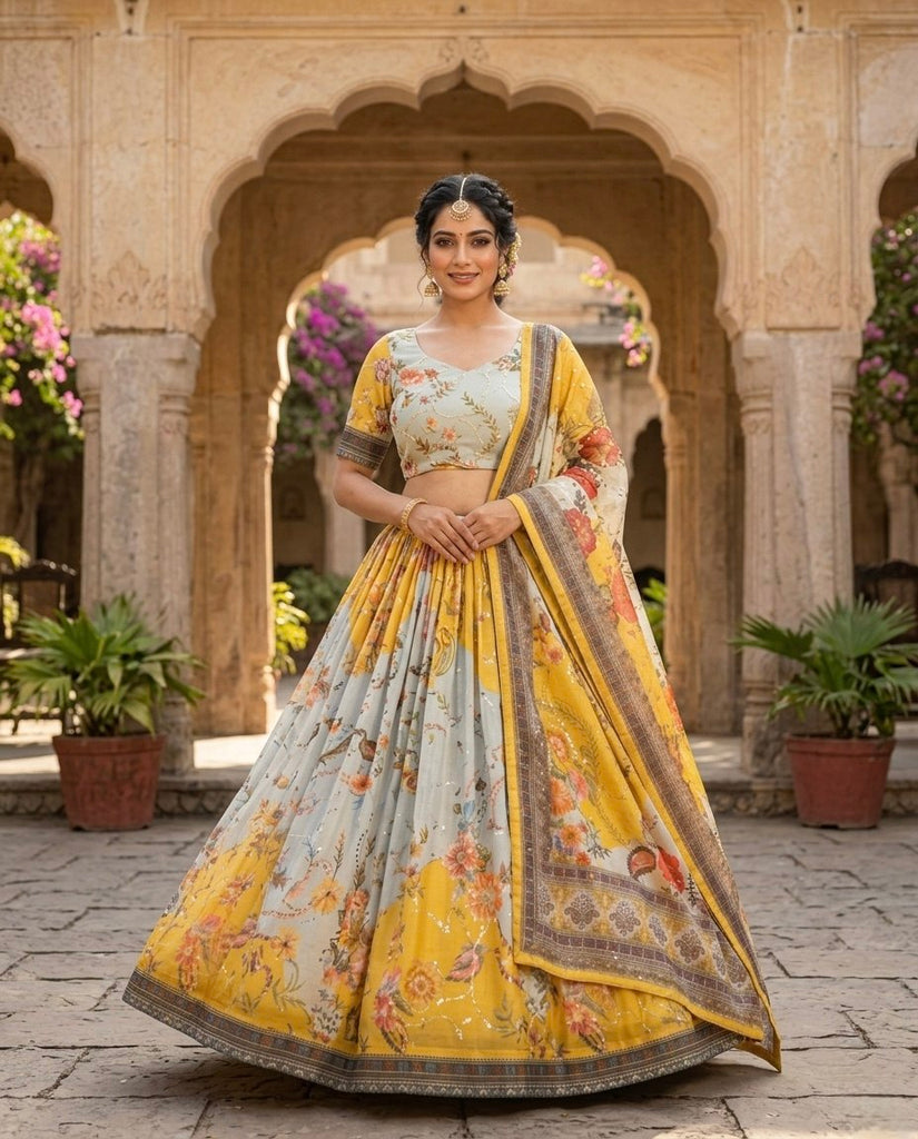 Yellow Tabby Silk Printed Lehenga Choli with Dupatta