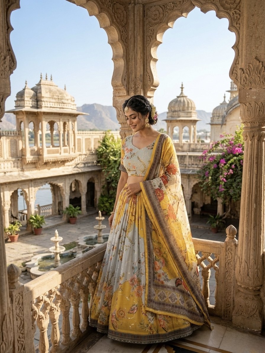 Yellow Tabby Silk Printed Lehenga Choli with Dupatta