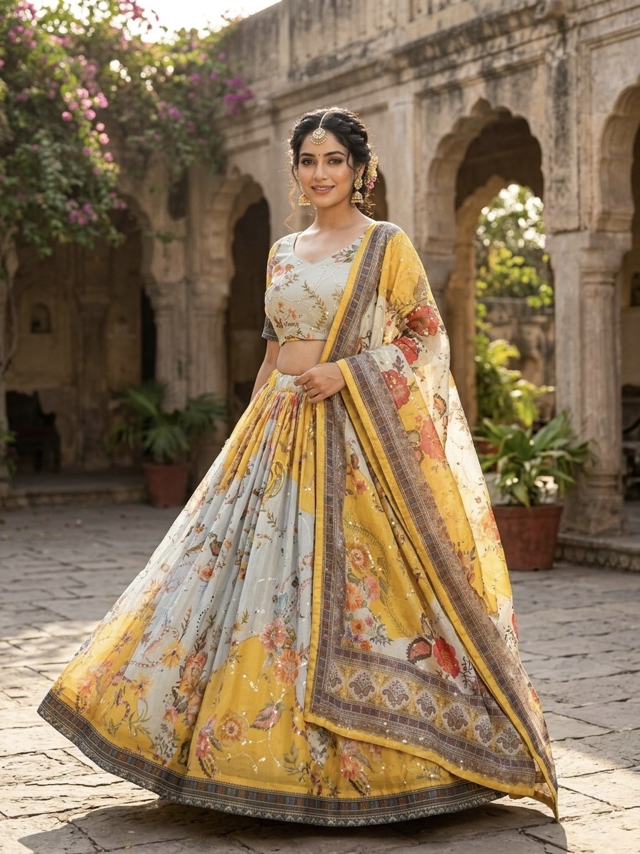 Yellow Tabby Silk Printed Lehenga Choli with Dupatta