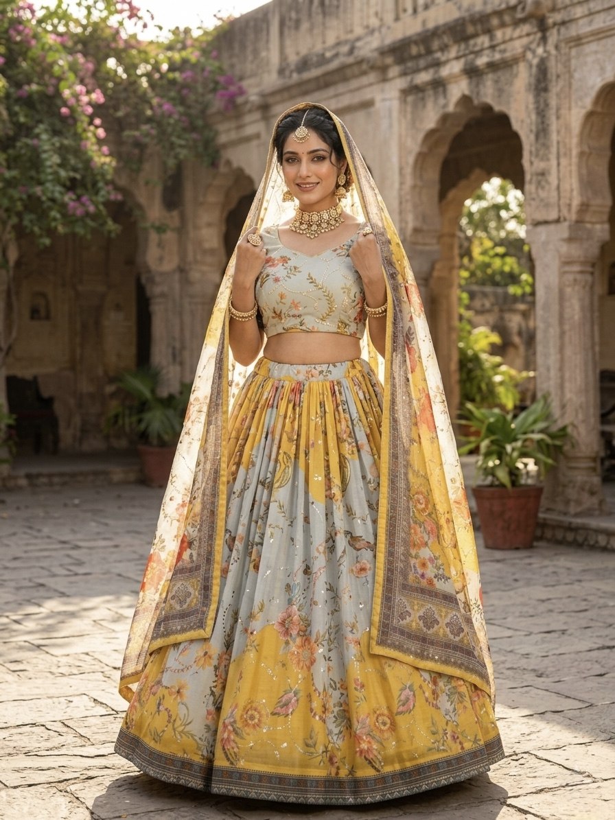 Yellow Tabby Silk Printed Lehenga Choli with Dupatta