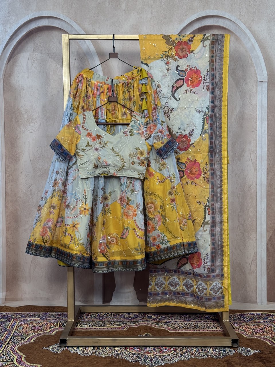 Yellow Tabby Silk Printed Lehenga Choli with Dupatta