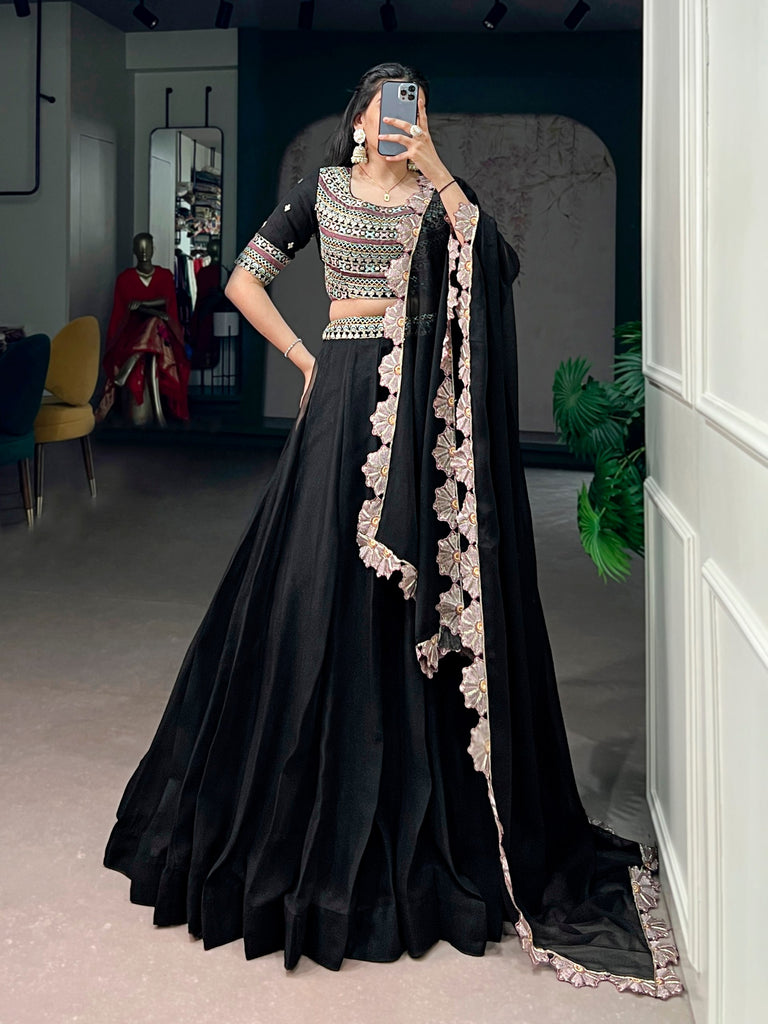 Midnight Black Aurum Georgette Lehenga Set with Floral Scallop Dupatta