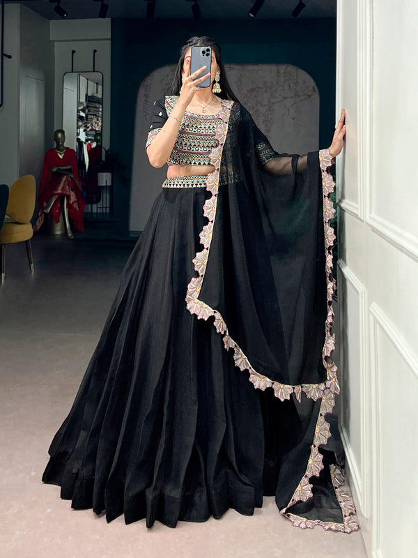 Midnight Black Aurum Georgette Lehenga Set with Floral Scallop Dupatta