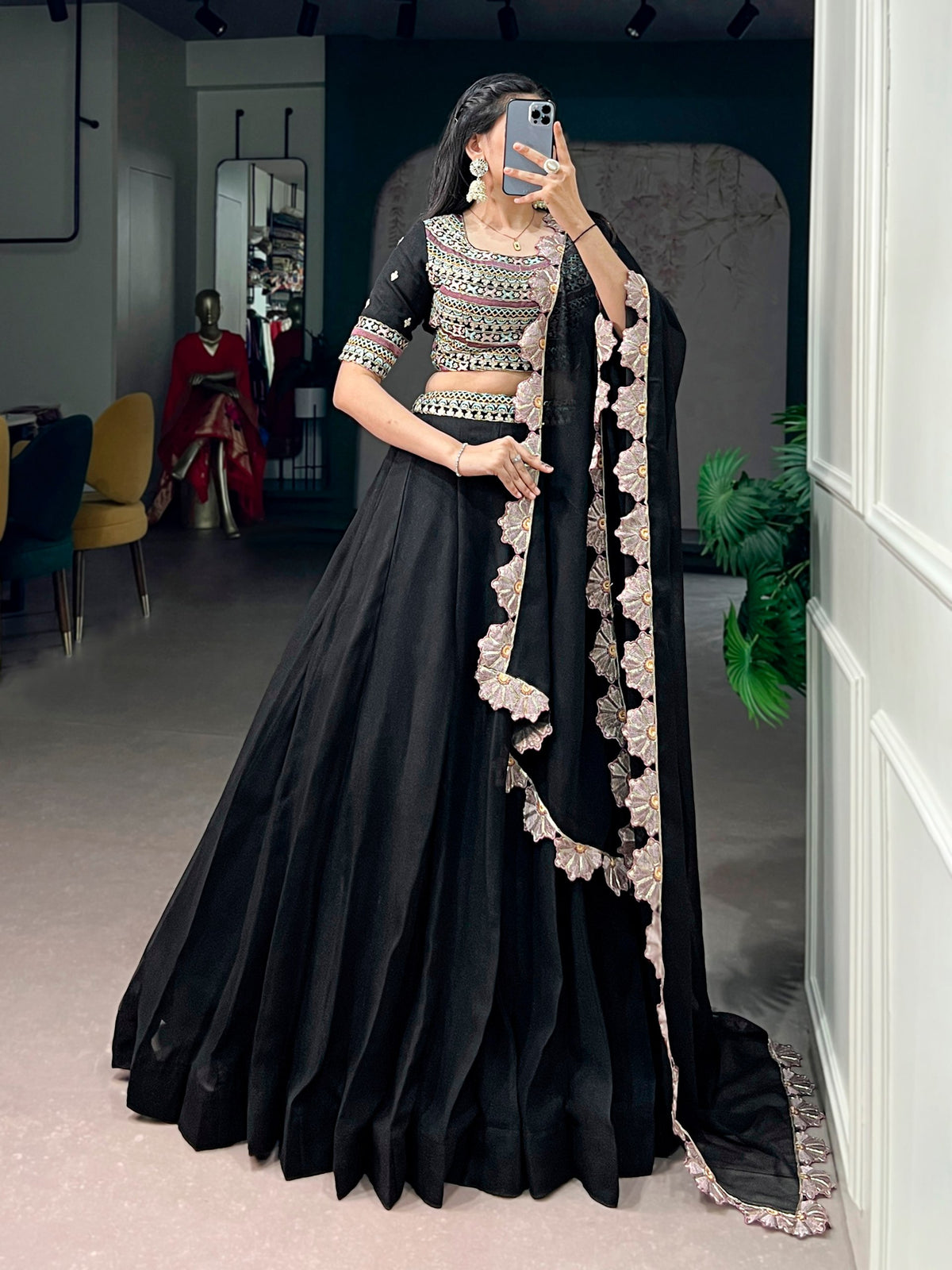 Midnight Black Aurum Georgette Lehenga Set with Floral Scallop Dupatta
