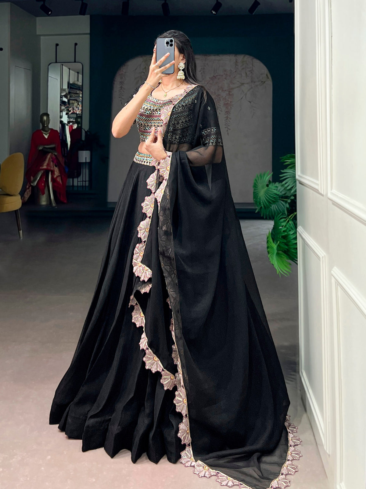 Midnight Black Aurum Georgette Lehenga Set with Floral Scallop Dupatta