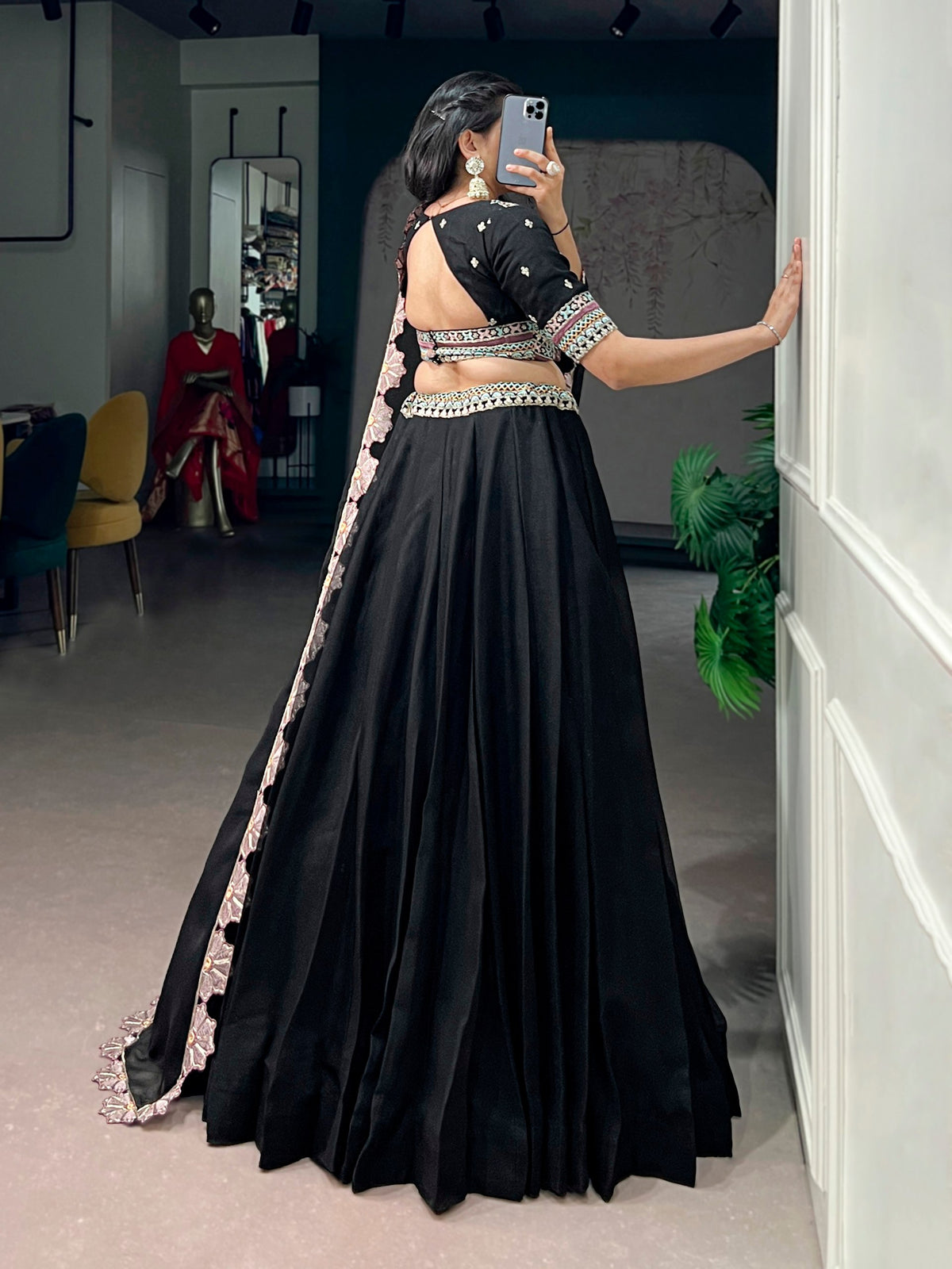 Midnight Black Aurum Georgette Lehenga Set with Floral Scallop Dupatta