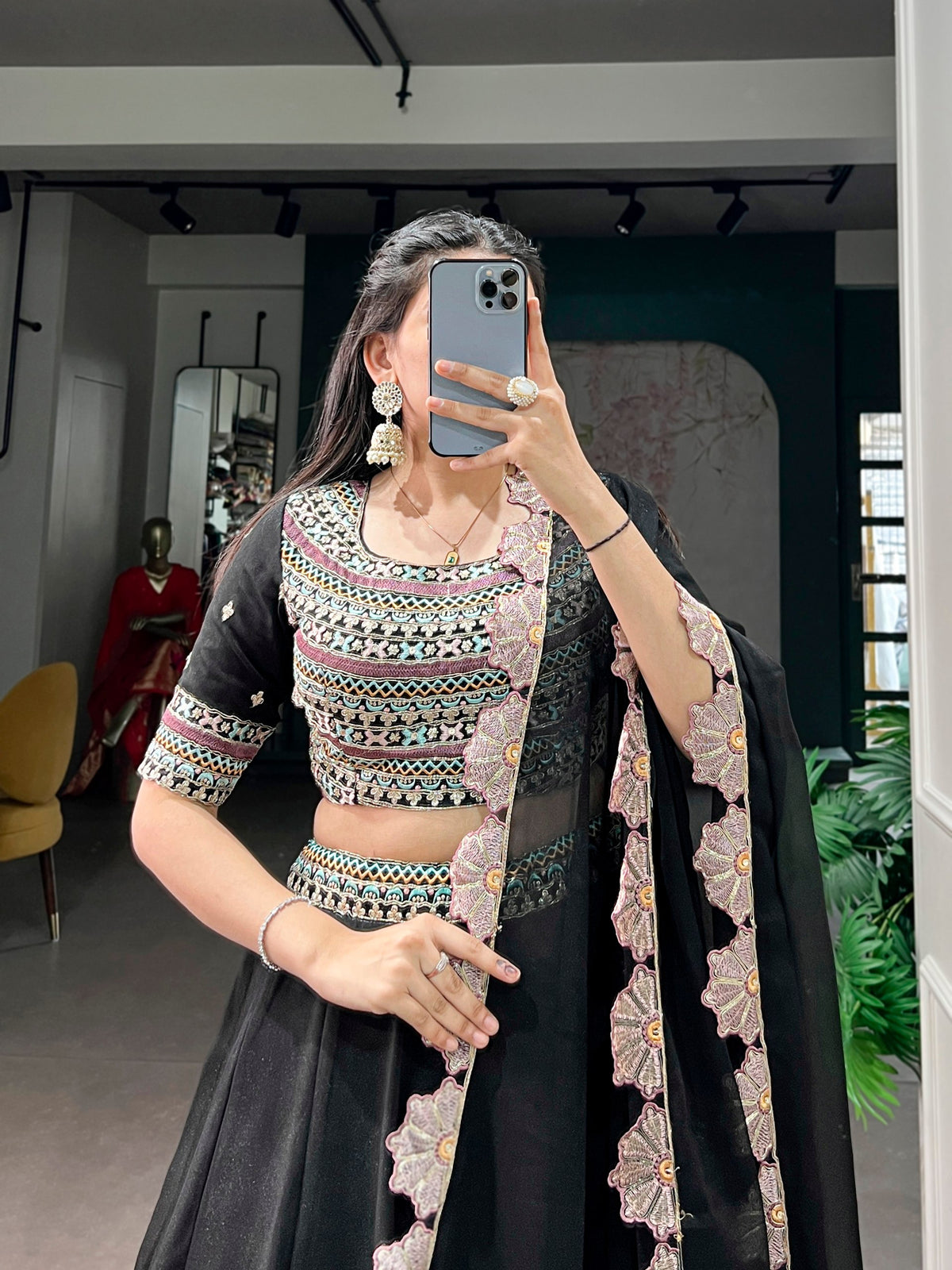 Midnight Black Aurum Georgette Lehenga Set with Floral Scallop Dupatta