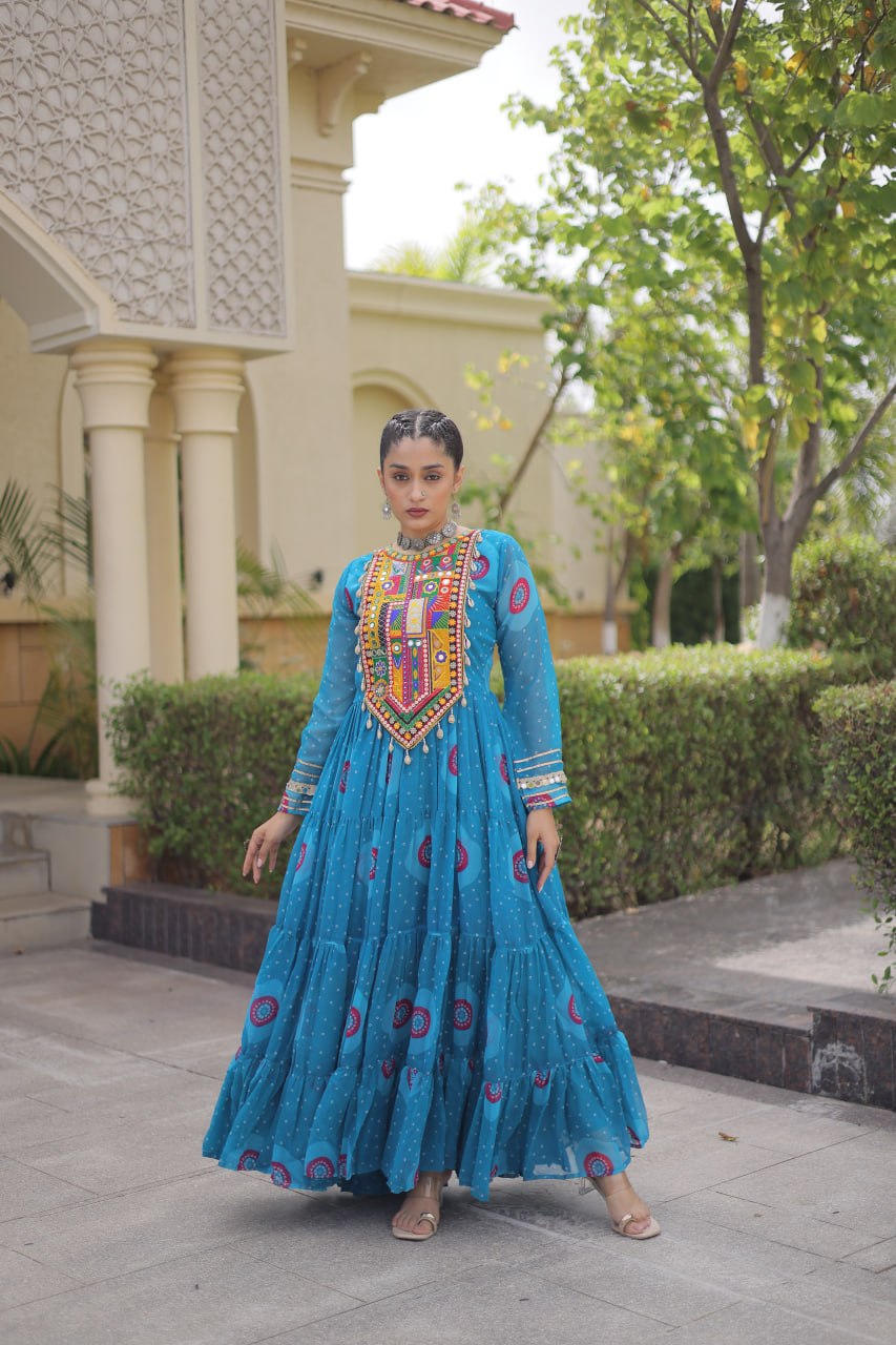 Blue Bandhani Print Kutchi Work Navratri Gown