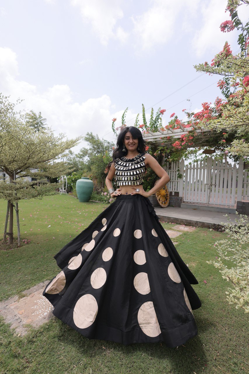 Black Round Gota Roman Silk Navratri Lehenga Choli Set