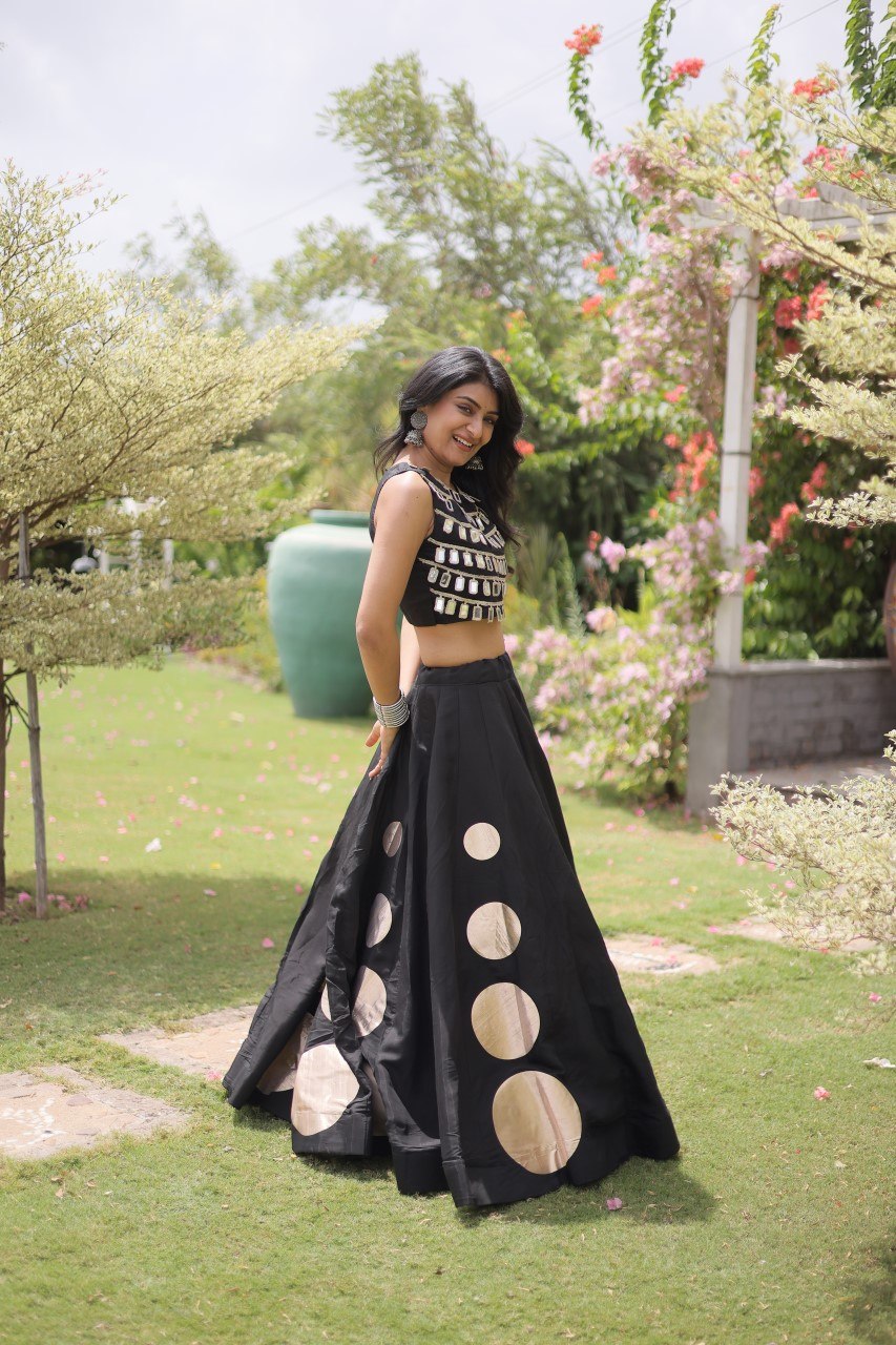 Black Round Gota Roman Silk Navratri Lehenga Choli Set