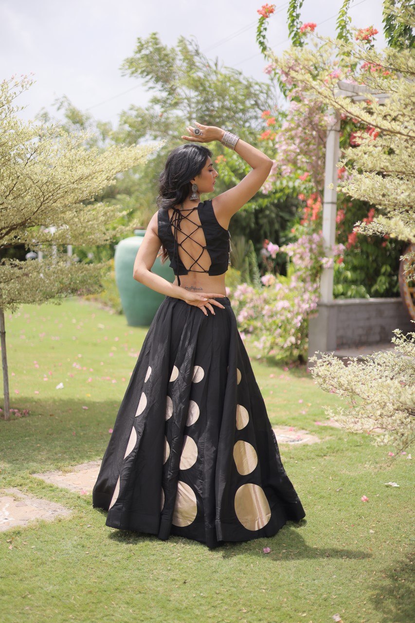 Black Round Gota Roman Silk Navratri Lehenga Choli Set