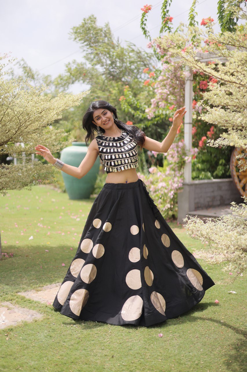 Black Round Gota Roman Silk Navratri Lehenga Choli Set