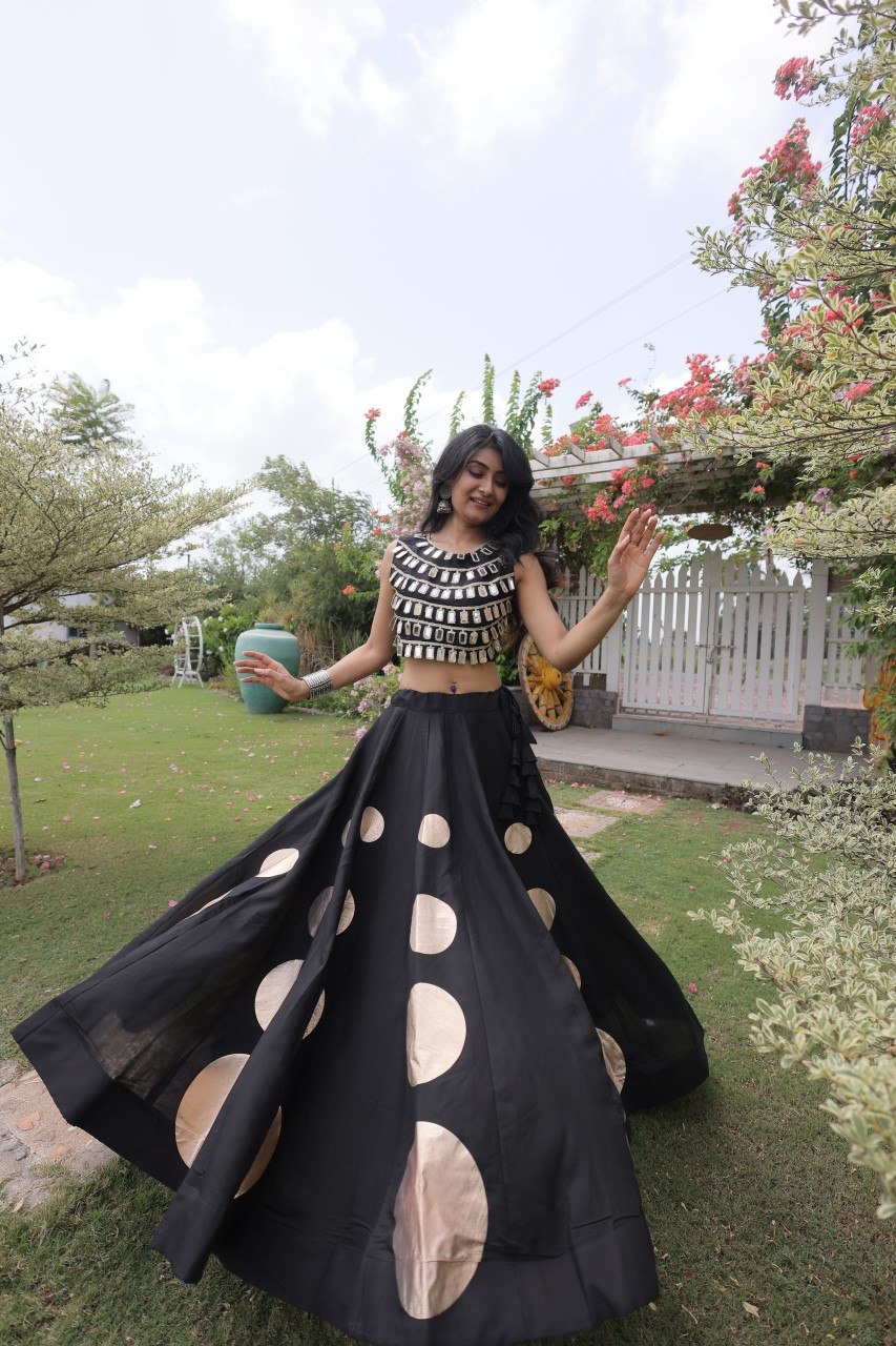 Black Round Gota Roman Silk Navratri Lehenga Choli Set