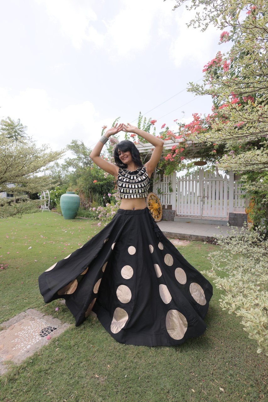 Black Round Gota Roman Silk Navratri Lehenga Choli Set