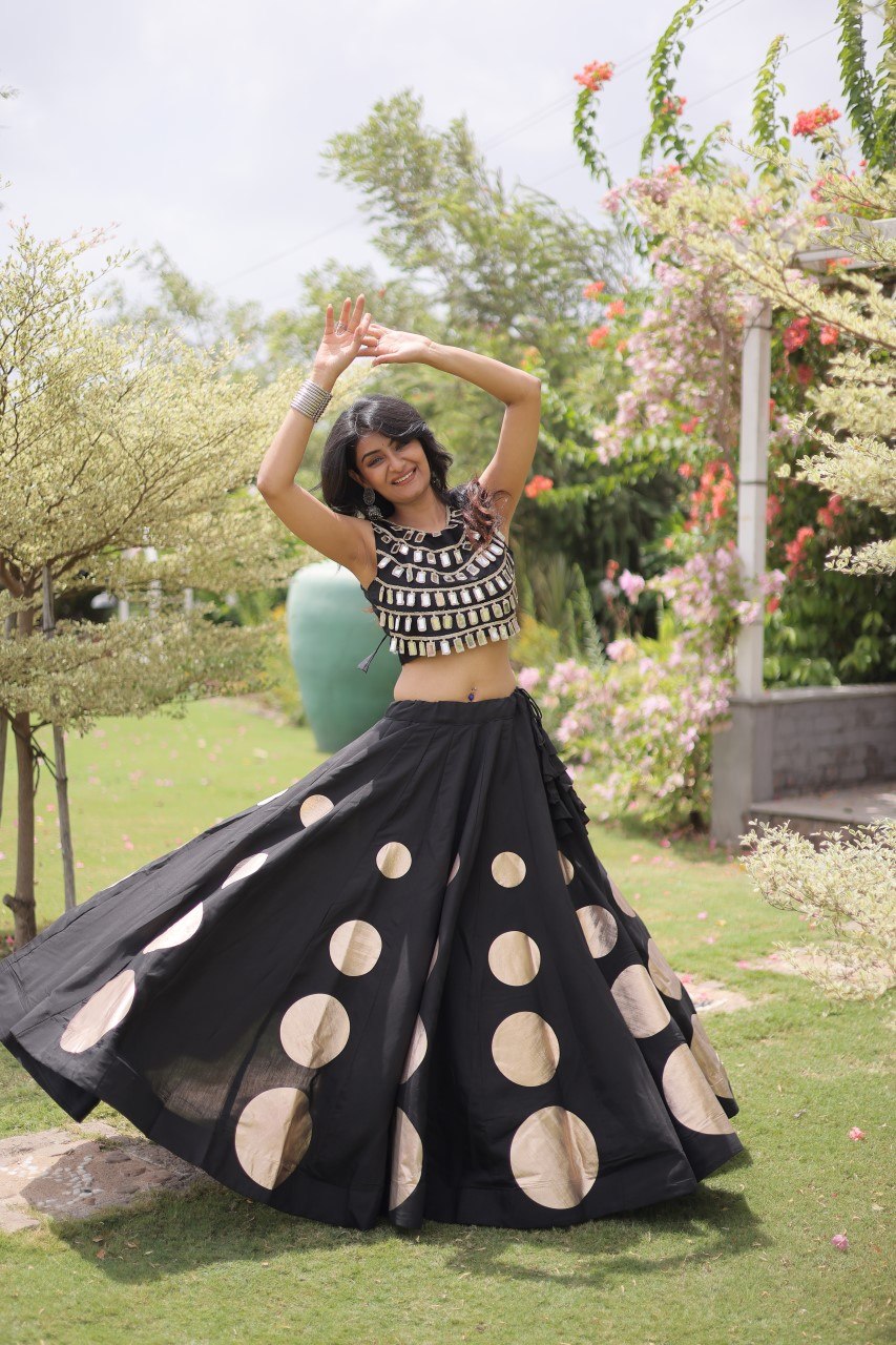 Black Round Gota Roman Silk Navratri Lehenga Choli Set