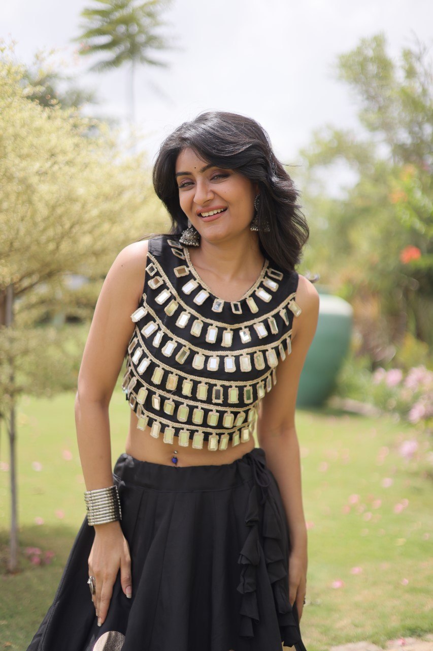 Black Round Gota Roman Silk Navratri Lehenga Choli Set